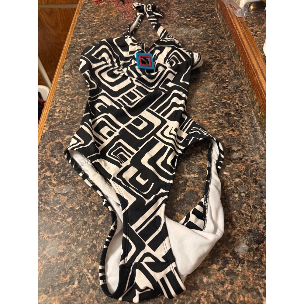 Kenneth Cole Reaction Womens Geometric Halter One Piece Swimsuit Black White L
